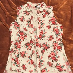 White Floral Sleeveless Button Up